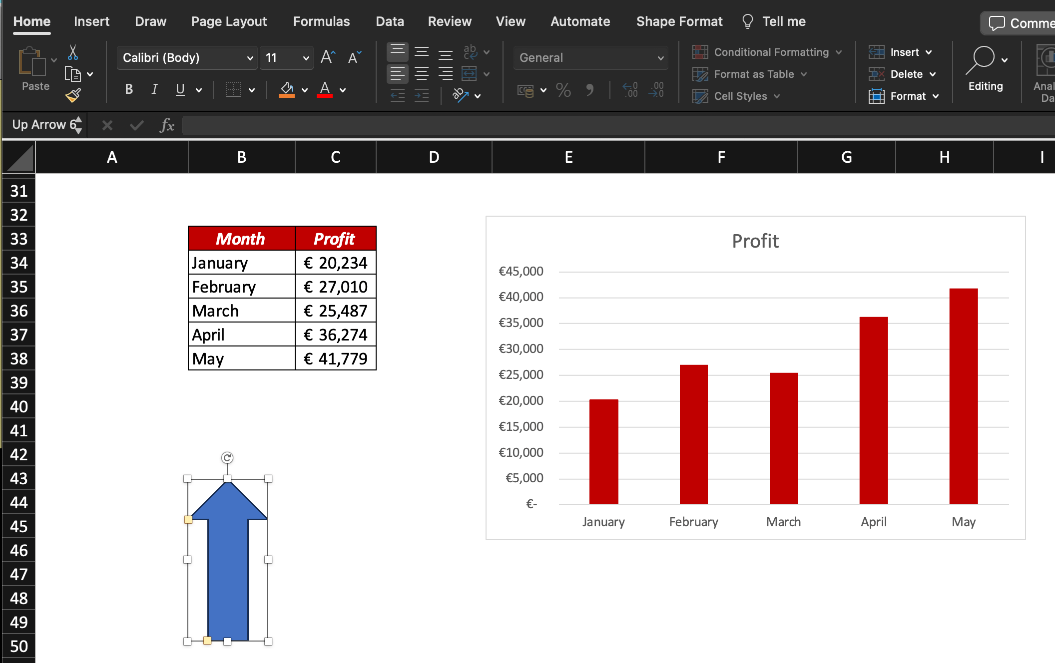 The shape of a bar chart is created in Excel: it's an arrow.
