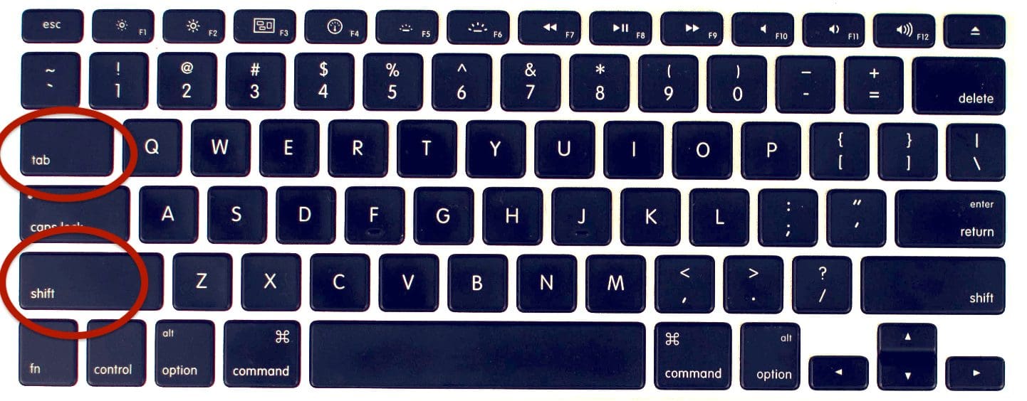 Tab and Shift keys are highlighted. Keyboard shortcut to move left between cells in Excel.
