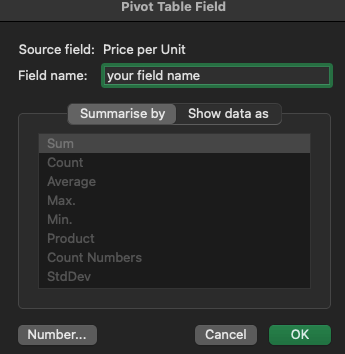 Pivot Table calculated field name change tool in Excel.