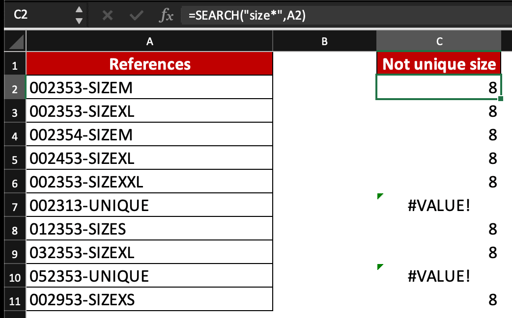 Excel SEARCH formula with wildcard characters. Formula is =SEARCH("size*",A2)