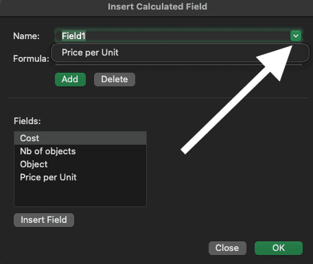 Insert calculated field window in Excel.