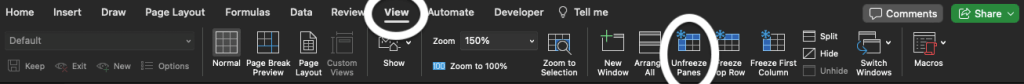 Excel screenshot highlighting View and Unfreeze Panes.