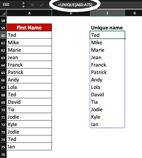 Find unique values in a column in Excel.