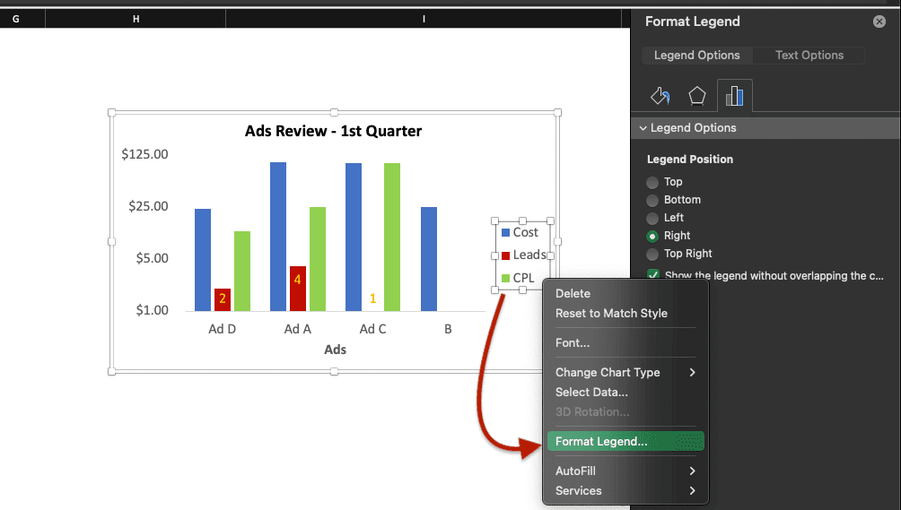 Format Legend… highlighted to format charts in Excel.