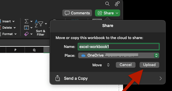 Share window in Excel to upload workbook to OneDrive.