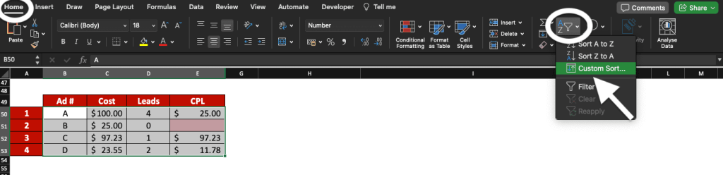 Home, Sort & Filter and Custom Sortâ€¦ are highlighted in Excel.