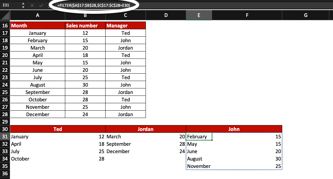 Example of FILTER function in Excel with multiple columns.