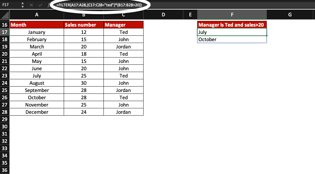 Example of FILTER formula in Excel.