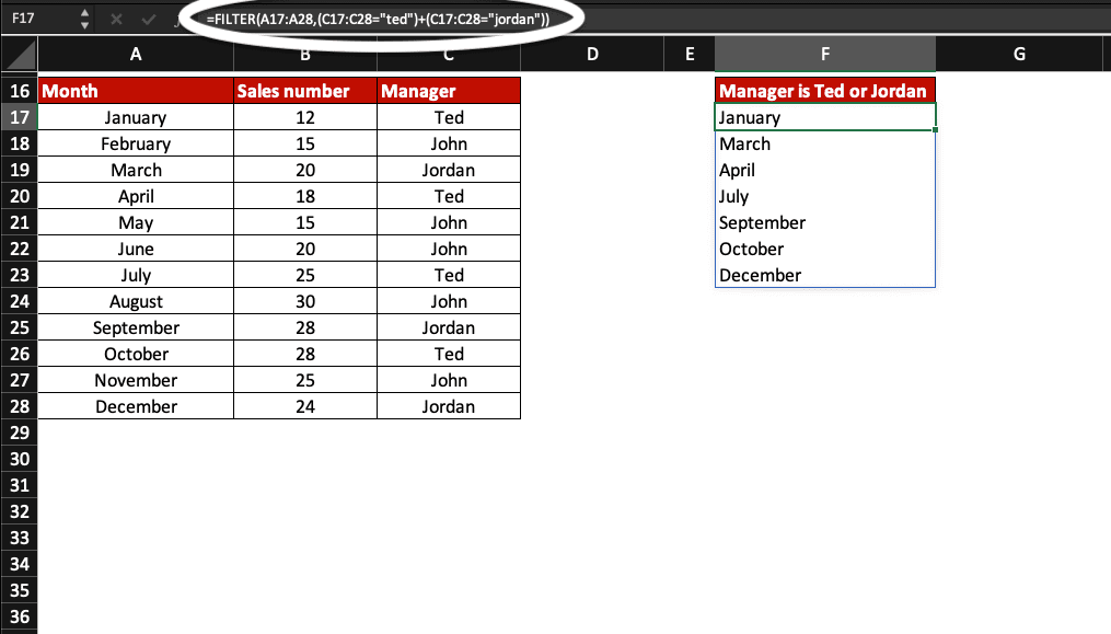 Example of FILTER function in Excel.