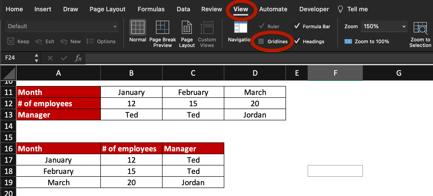 How to delete gridlines in Excel: view, gridlines.